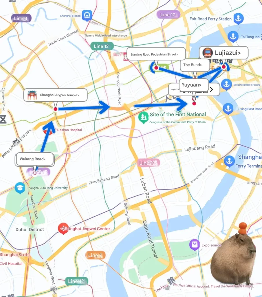 Map of a one-day tour in Shanghai