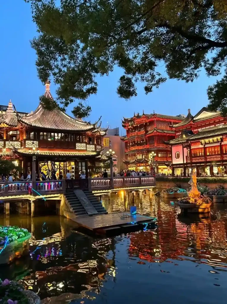 The Lakeside Pavilion and the Nine-Turn Bridge in Yu Garden, Shanghai