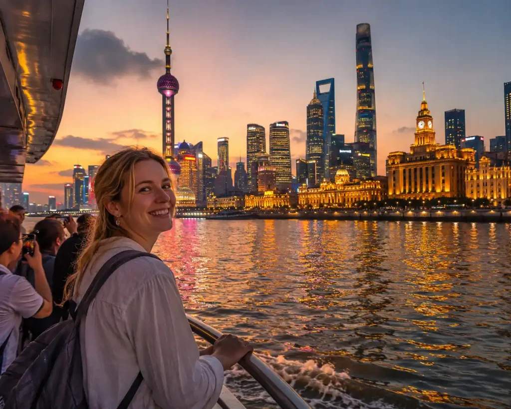 Ferry on Huangpu River with Shanghai skyline