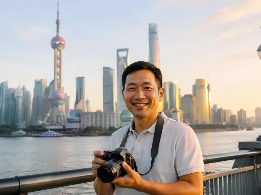 Ke Ping, founder of Shanghai Travel Tips, at the Bund
