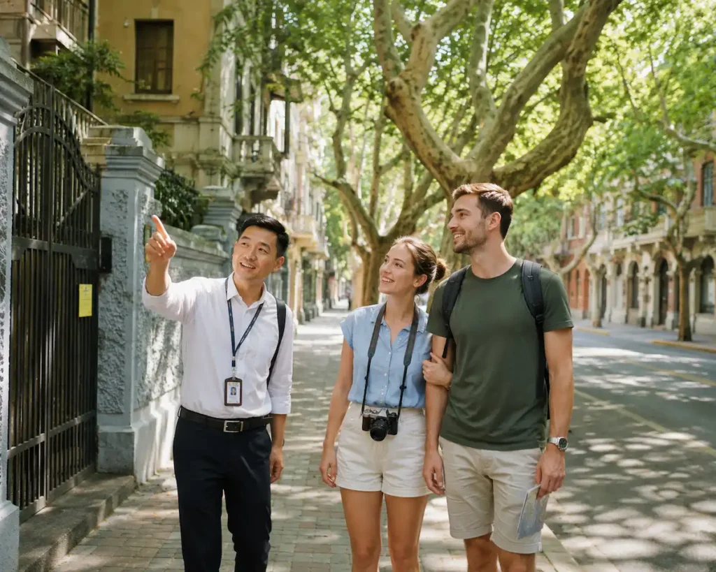 Licensed guide walking with travelers on tree-lined street