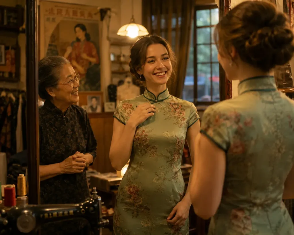 Traveler with qipao tailor in old Shanghai lane