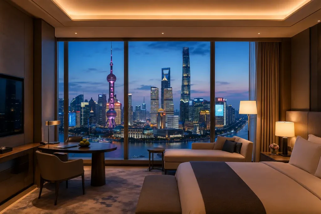 Luxury hotel room overlooking Shanghai Pudong skyline
